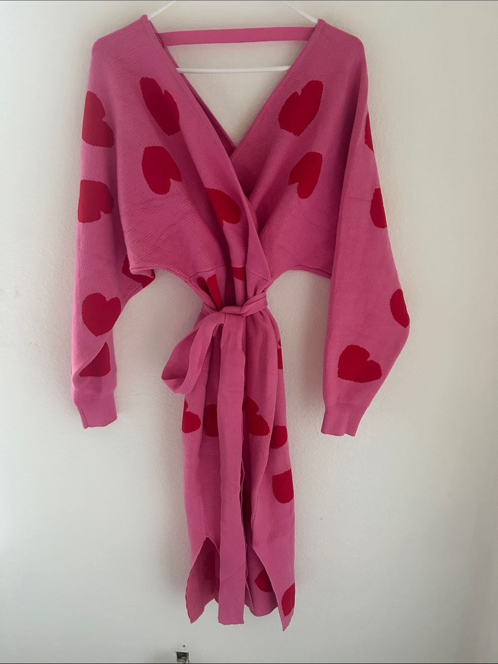 Pink Knit Wrap Dress with Red Heart Print - Picture 2 of 4